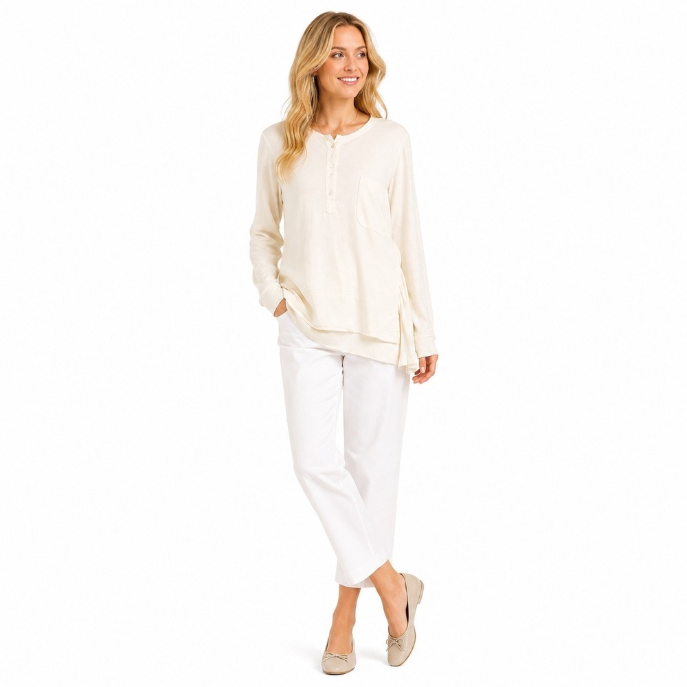 Hannoh Wessel Top Womens 40 Cream Linen‎ Silk Henley Asymmetrical Raw Hem Italy